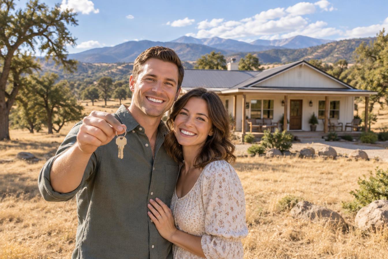 Happy couple holding keys in front of their new rural home in Mariposa, California, with Sierra foothills and open country land in the background